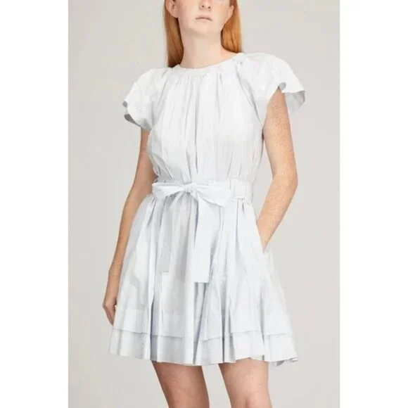 🆕ULLA JOHNSON Mae Flutter Sleeve Belted Cotton Mini Dress Sea Glass Blue 8